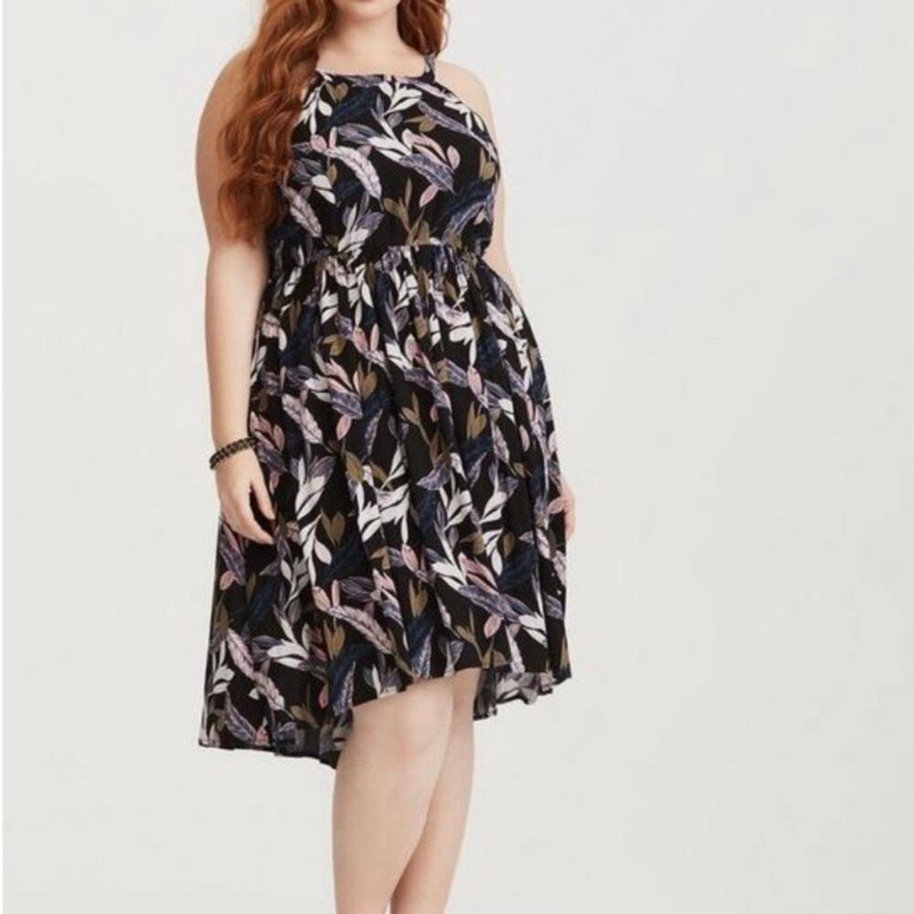 Torrid Black Floral Leaf Print Hi-Lo Sleeveless Dress Sz.2